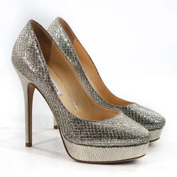 JIMMY CHOO NEW $695 Alex Silver Gold Metallic Leather Platform Pump - Picture 5 of 10